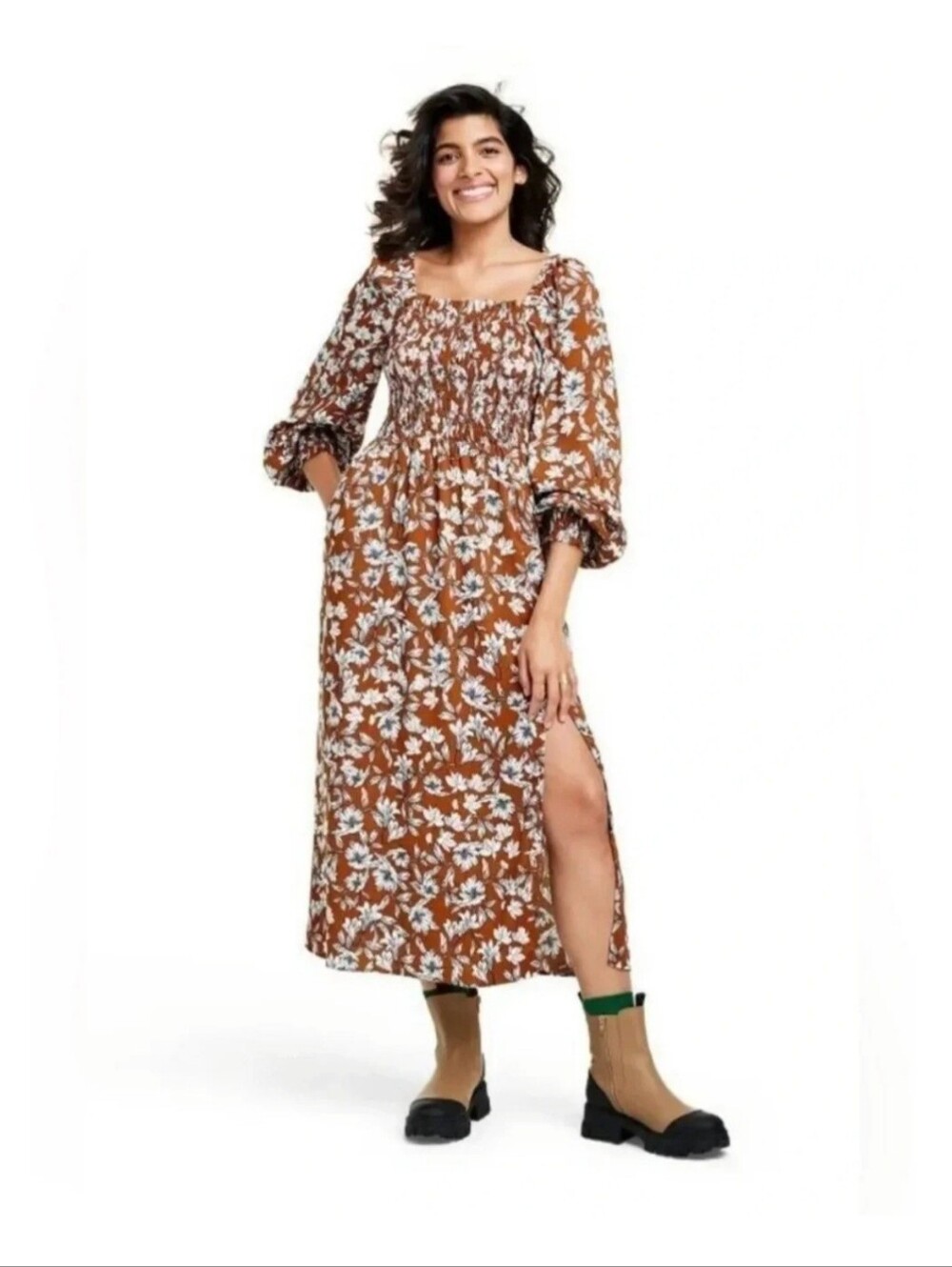 La Ligne | Rust and White Floral Smocked Dress